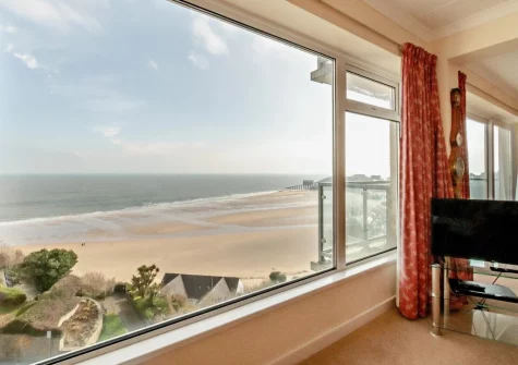 The magificent beach & sea view from the living area at 60 Croft Court, Tenby