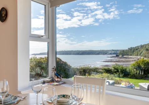 The far-reaching sea view from the dining area at Aelfryn, Wisemans Bridge