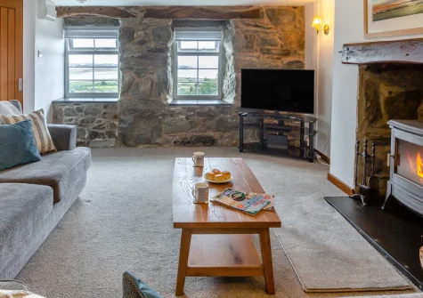 Bron Y Gadair, Llanfair is a romantic stone-built retreat for two (plus dogs), featuring a wood burner, games room, enclosed garden and sea views, ideally placed for exploring Harlech Castle and the wilds of Snowdonia National Park.