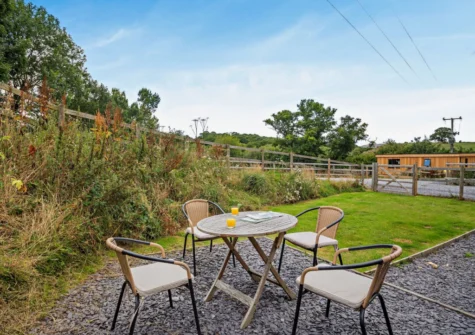 The gravelled patio, alfresco dining area & lawned garden at Dragonfly Lodge, Tyn-y-Groes