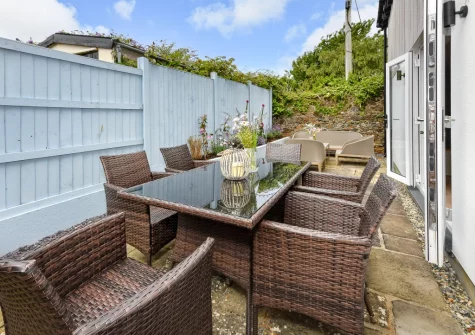 The private enclosed patio, barbecue & alfresco dining area at Egryn Bach, Abersoch