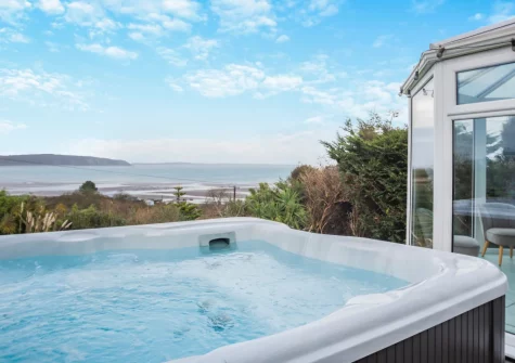 The patio & hot tub at Hywelfa, Bwlchtocyn