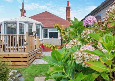 The south-facing enclosed garden at North Bay Bungalow, Rhos on Sea
