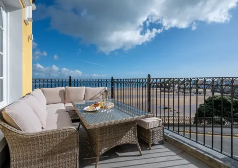 The beautiful large tiled balcony & outdoor sitting area at Ocean House, Tenby
