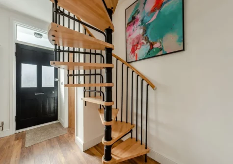 The stairs up to bedroom #2 at Sandy View at Harbour Heights, Saundersfoot