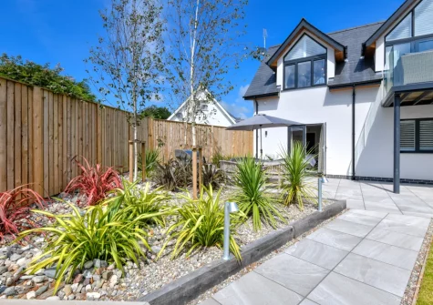The patio & landscaped garden at Skylark, Abersoch