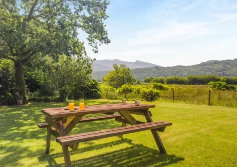 The alfresco dining area & spacious enclosed lawned garden at Sounds of the Brook, Llanelltyd