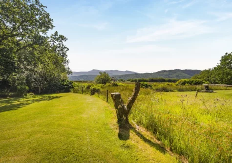 The spacious enclosed lawned garden at Sounds of the Brook, Llanelltyd
