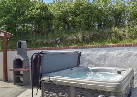 The barbecue area & hot tub at Ty Hapus, Dwrbach