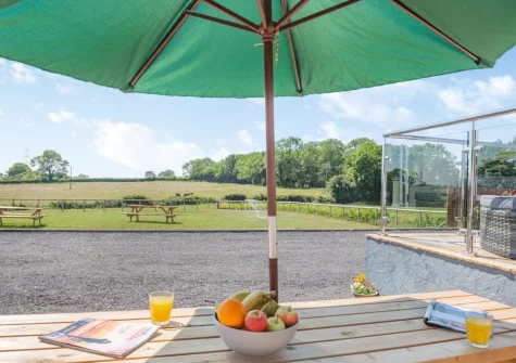 The patio, alfresco dining area & shared lawn at Yr Hen Barlwr, Talwrn